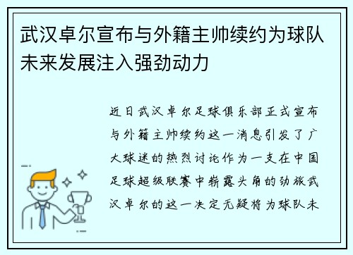 武汉卓尔宣布与外籍主帅续约为球队未来发展注入强劲动力